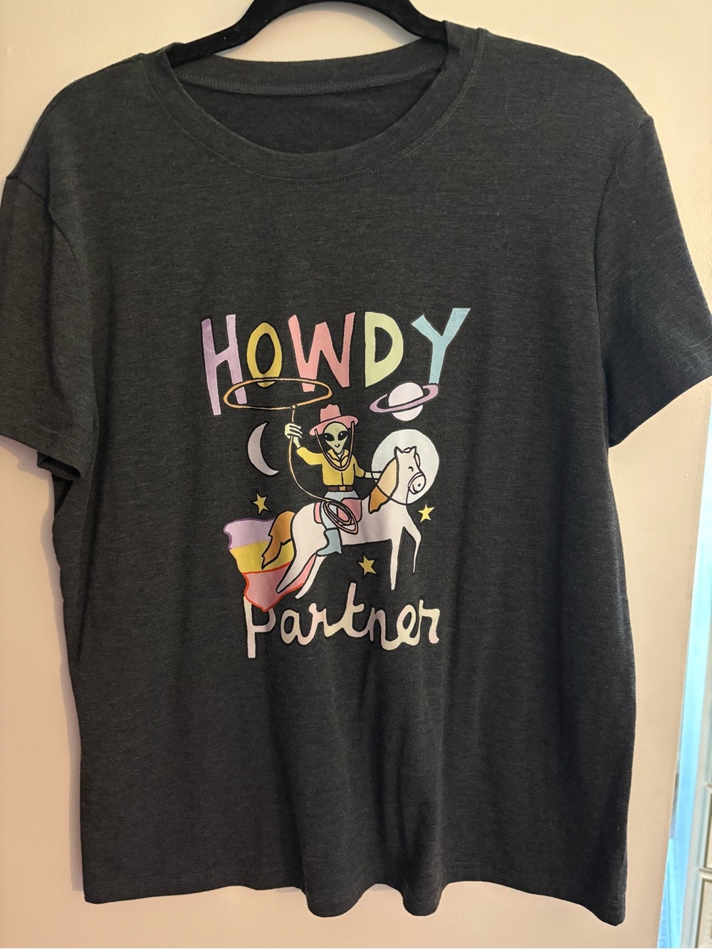 Howdy Partner Graphic Tee - Charcoal with Pastel Print